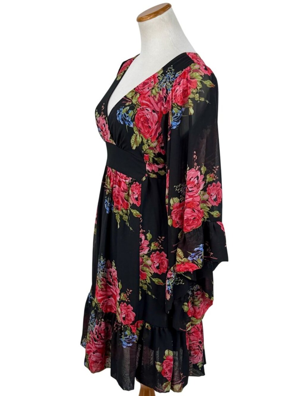 Betsey Johnson Black Bambi Floral Bell Sleeve Ruffle Hem Dress 8 | Y2K Boho Glam - Picture 13 of 16